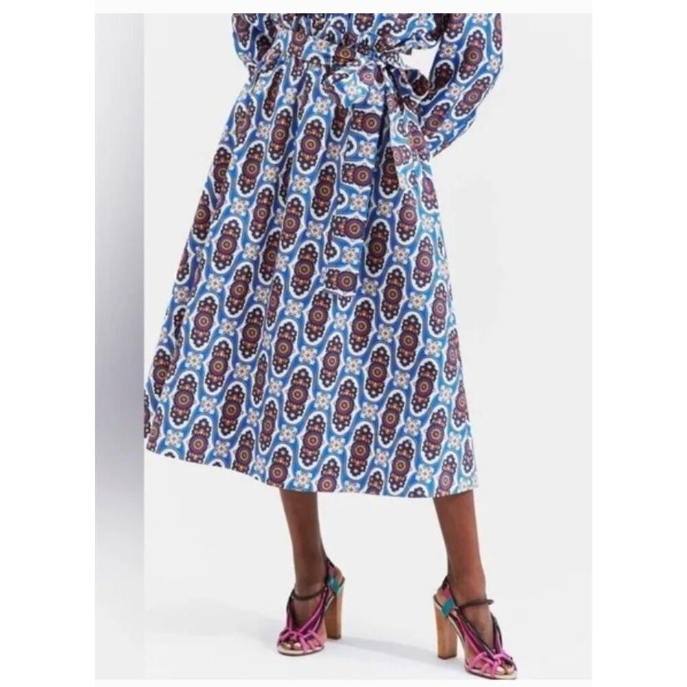 LA DOUBLEJ Sz S Small Sardegna Skirt Amalfi Print Blue Navy Gold Cotton Midi